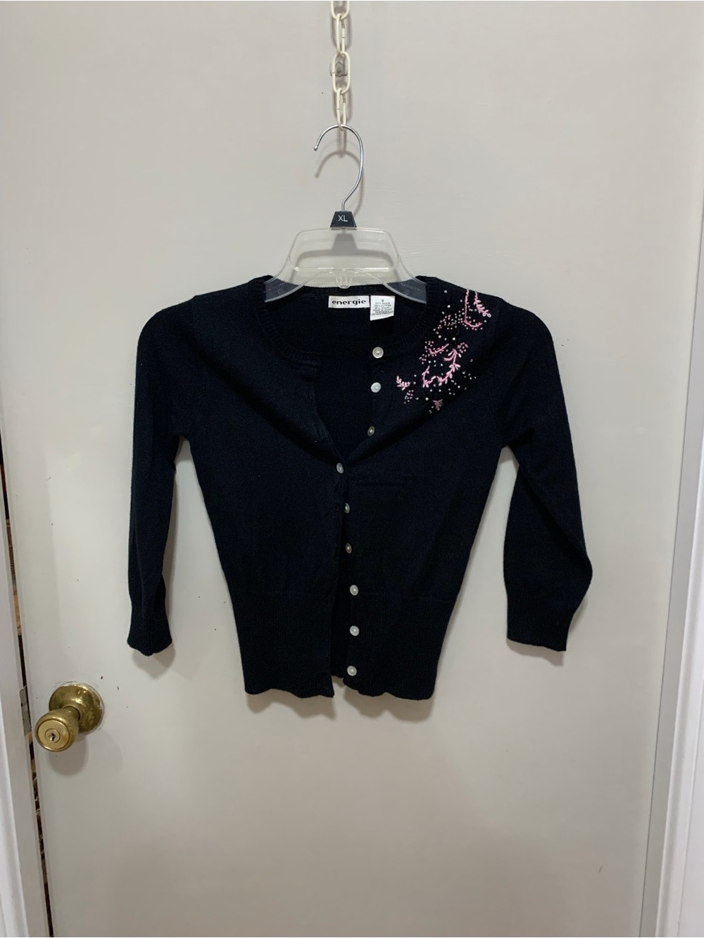 Energie Black Button-Front Cardigan with Pink Embellished